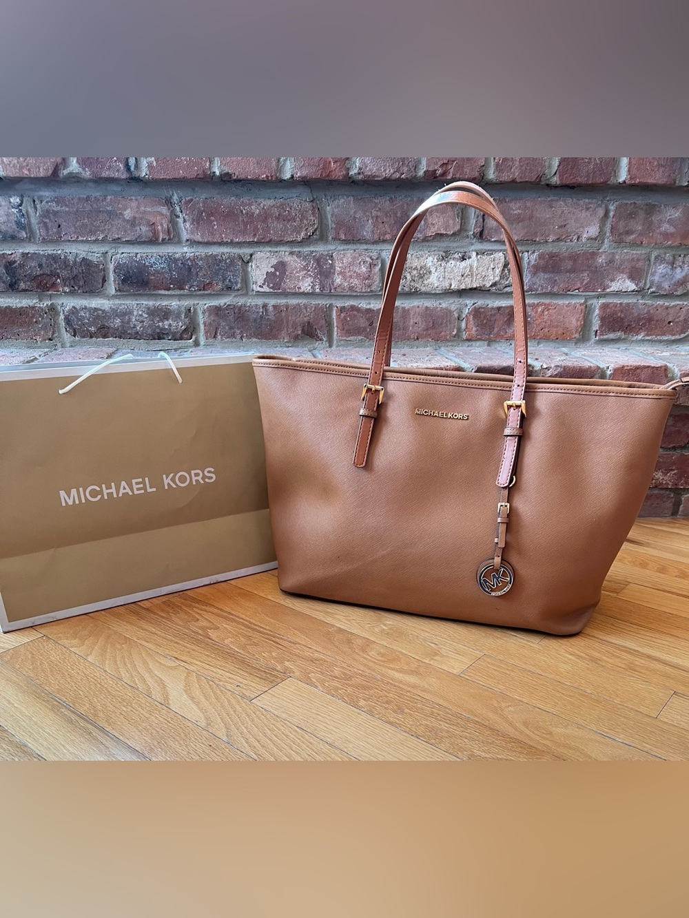 Michael Kors Large Tan Brown Leather Jet Set Travel Laptop Tote Bag